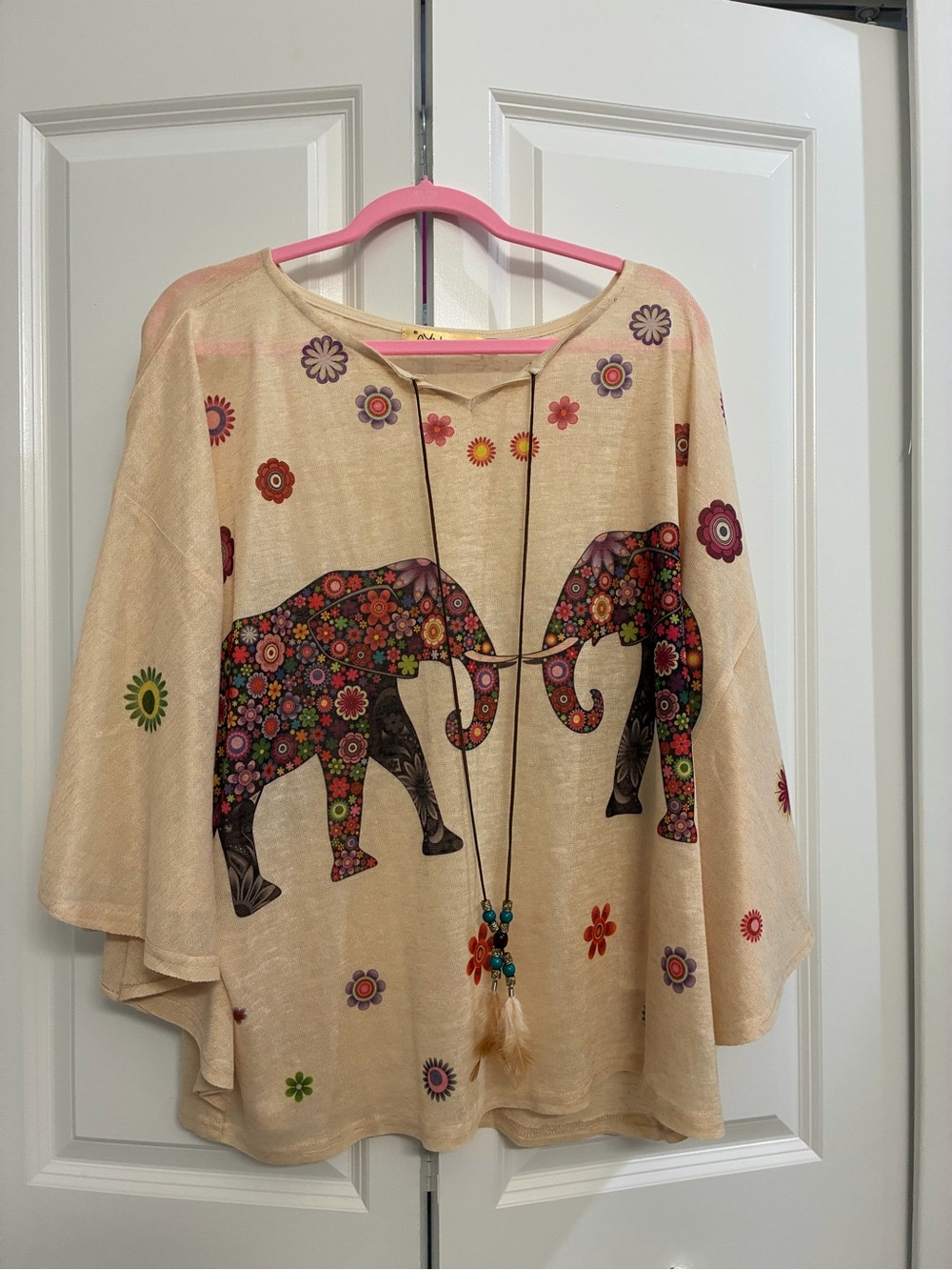 Beige Floral Elephant Boho Tunic Top